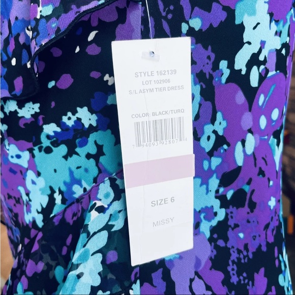 SL Fashions Purple Turquoise Floral Asymmetric Capelet mini Dress Chiffon Sz 6 - Picture 5 of 9